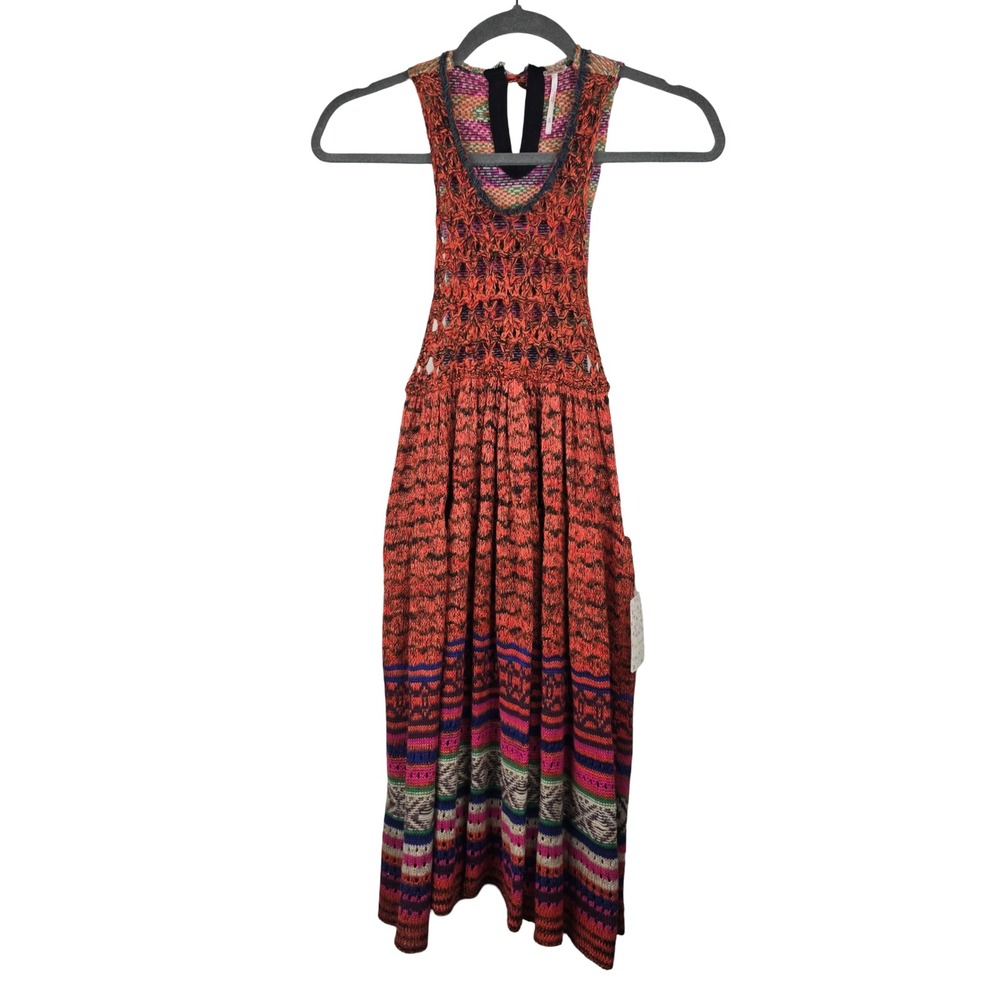 Free People Rare Hearts Tunic‎ Womens Medium Red Multi Boho Knit NWT